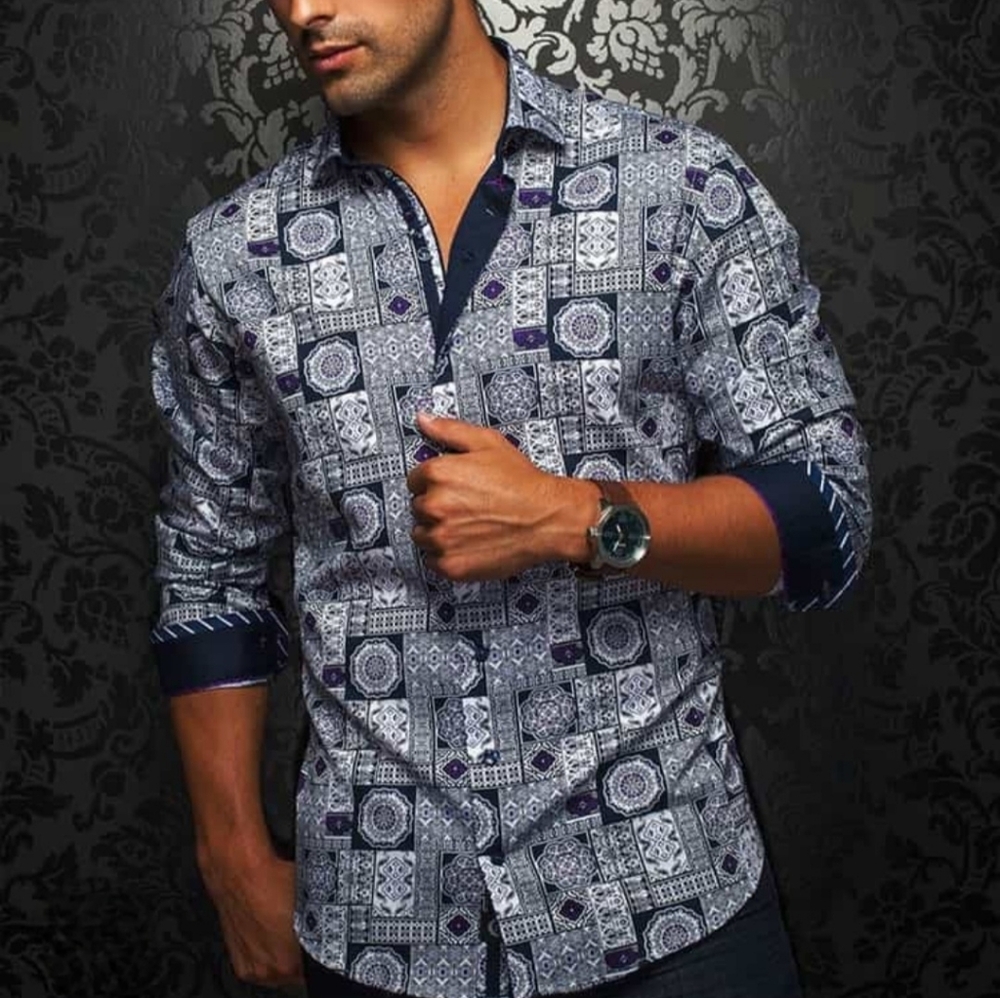 60B. Au Noir Navy Geometric Button Down Shirt - Size Large
